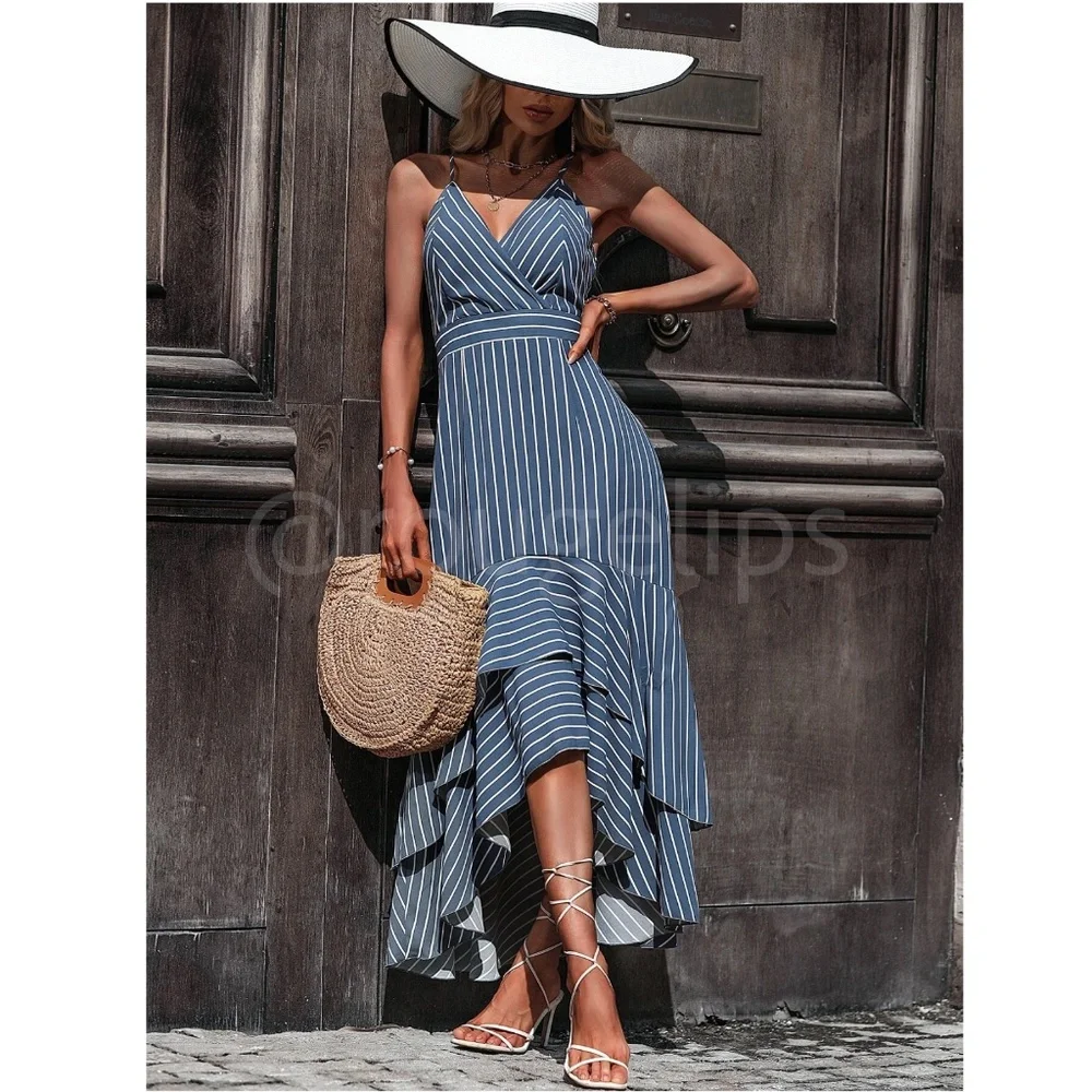 Striped Blue White V-Neck High Low Maxi Dress Sleeveless, Spaghetti Straps Flar - Picture 2 of 10